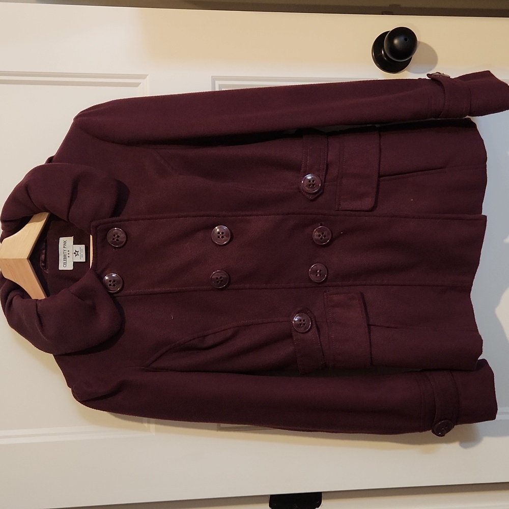 Celebrity Pink Juniors Medium Plum Double Breasted Peacoat with removable Hood